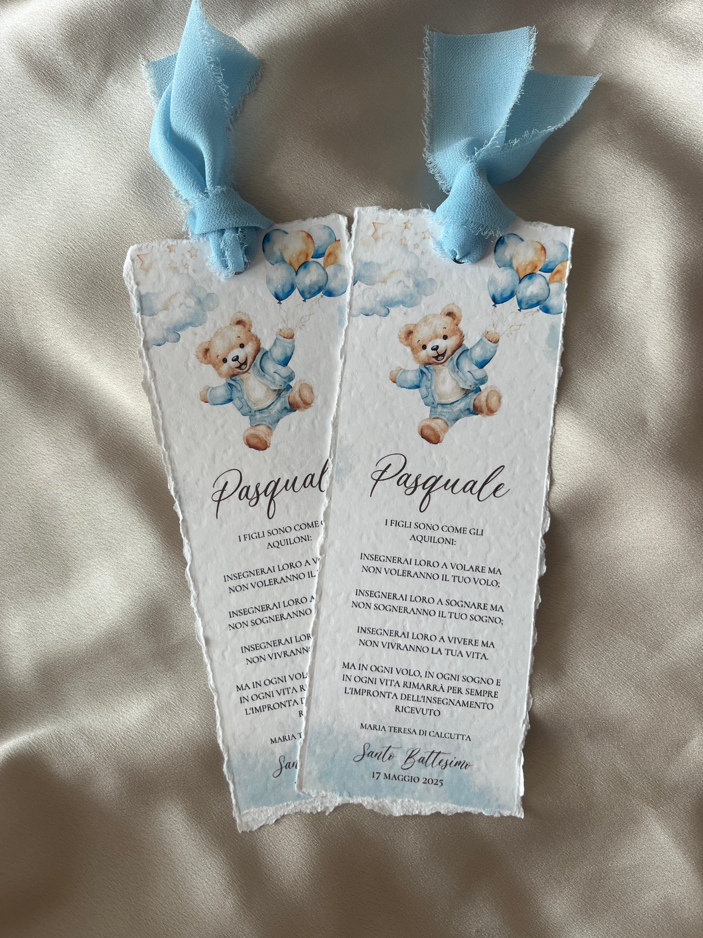 Segnalibro Battesimo Orso Azzurro con Palloncini e Nuvolette