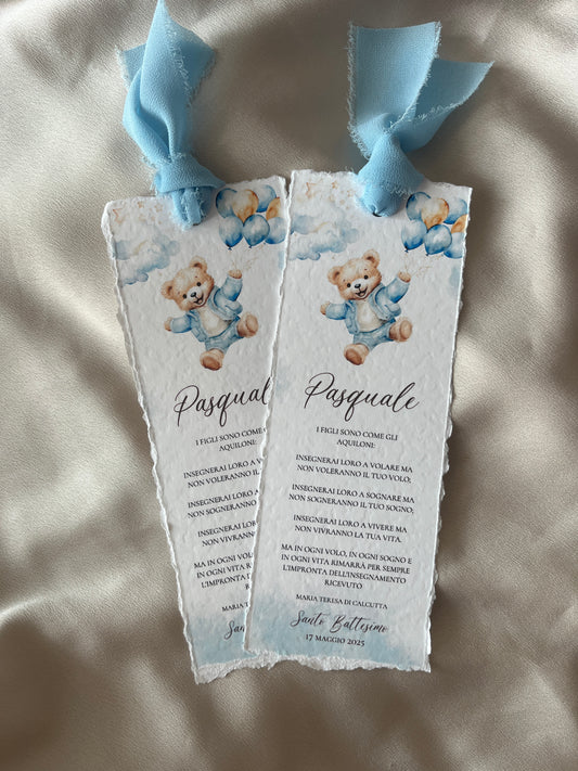 Segnalibro Battesimo Orso Azzurro con Palloncini e Nuvolette