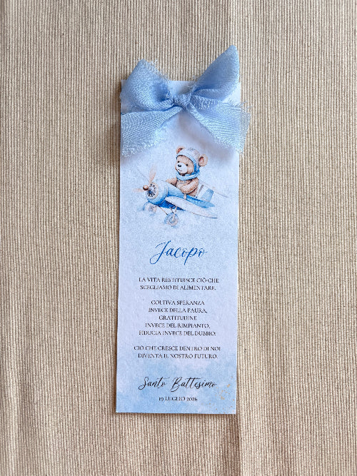 Segnalibro Battesimo Bimbo – Bomboniera Acquerello Azzurro con Fiocco