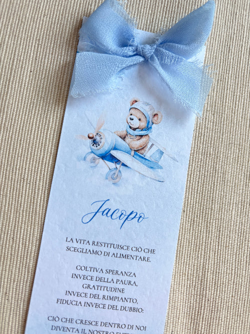 Segnalibro Battesimo Bimbo – Bomboniera Acquerello Azzurro con Fiocco