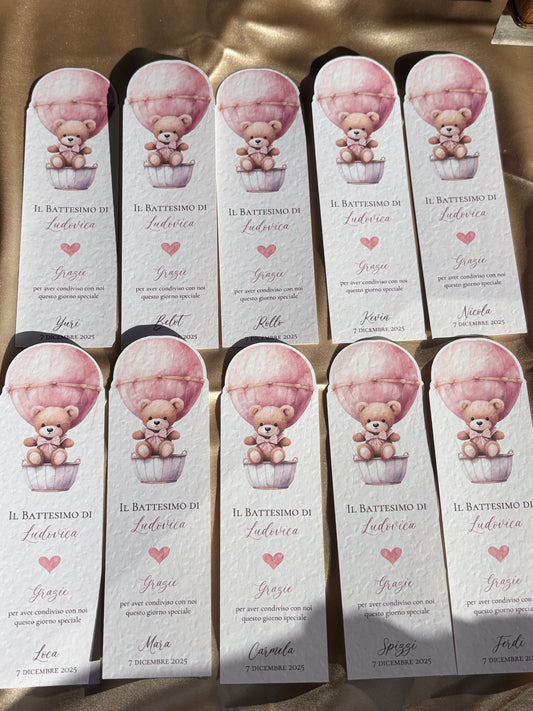 Segnalibro/Segnaposto Battesimo Orsetta Rosa e Mongolfiera