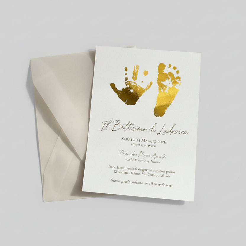Invito Battesimo con Foil Oro – Carta Bianca Pesante e Busta Trasparente