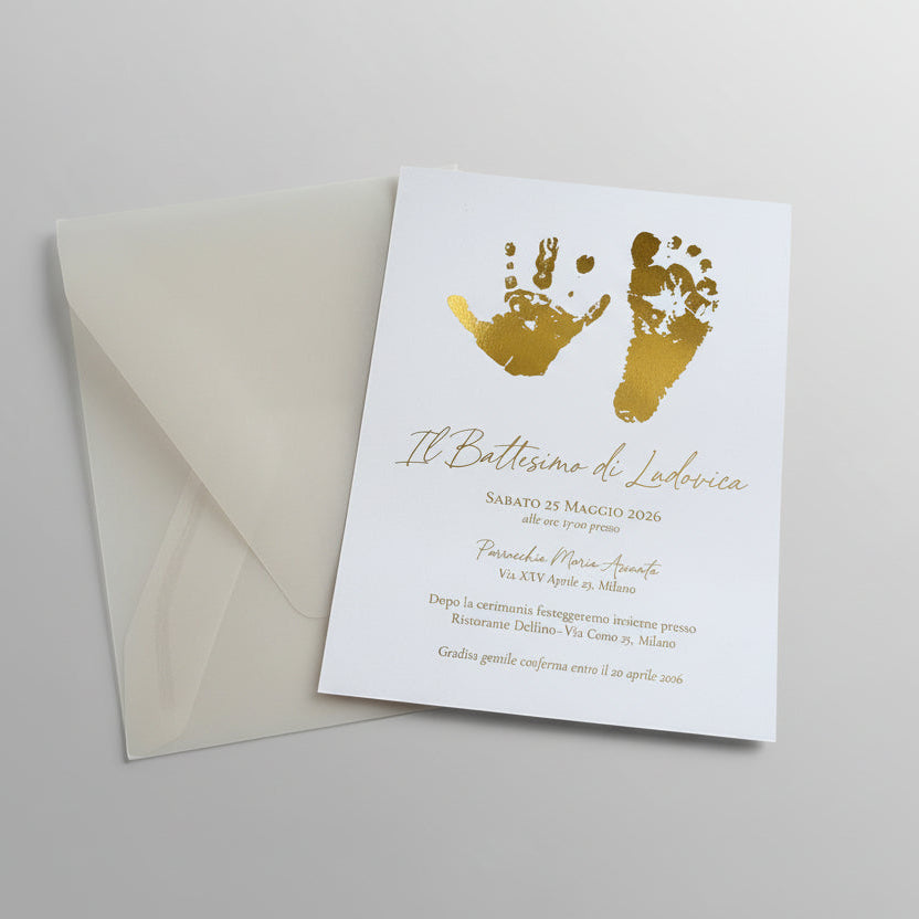 Invito Battesimo con Foil Oro – Carta Bianca Pesante e Busta Trasparente