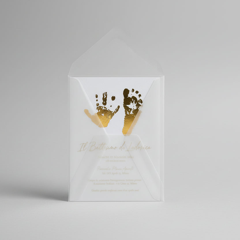 Invito Battesimo con Foil Oro – Carta Bianca Pesante e Busta Trasparente