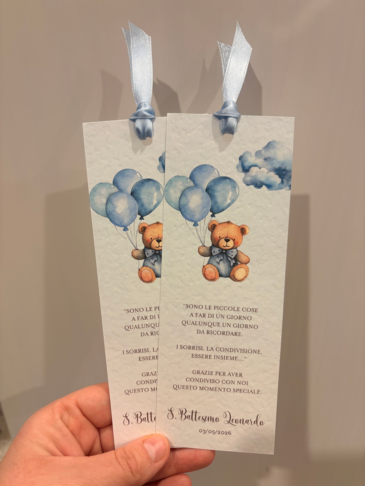Segnalibro personalizzato Battesimo Orso con Palloncini e Fiocco