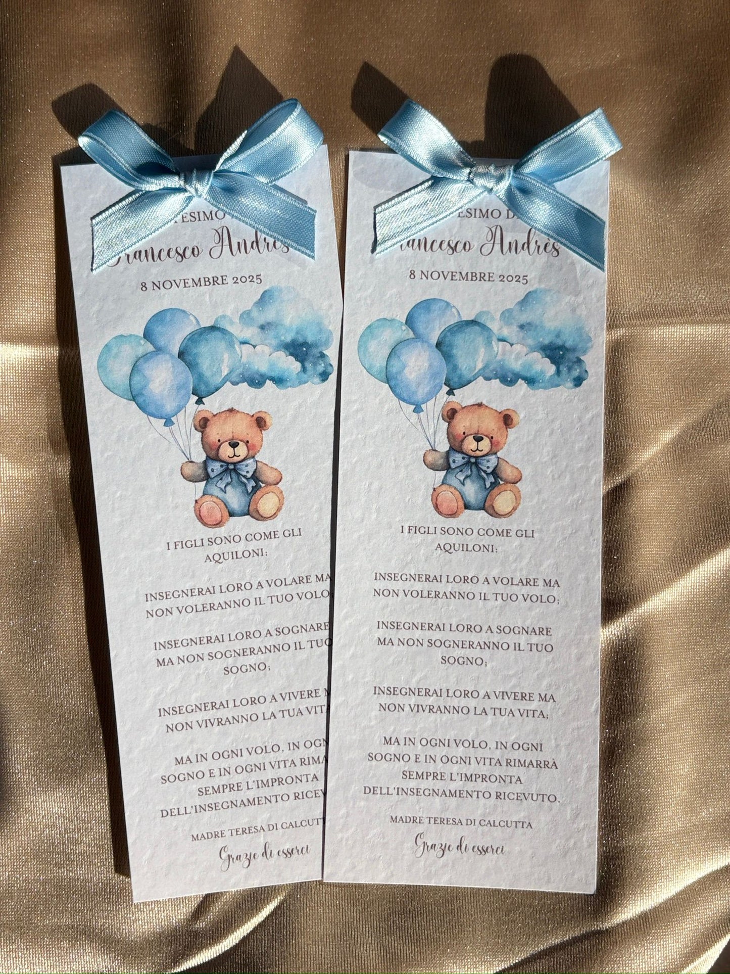 Segnalibro personalizzato Battesimo Orso con Palloncini e Fiocco