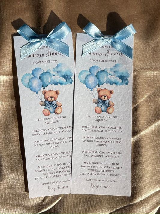 Segnalibro personalizzato Battesimo Orso con Palloncini e Fiocco