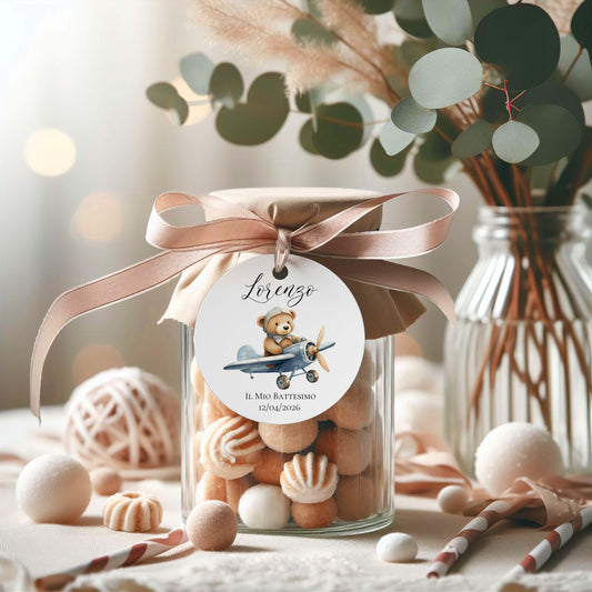 Etichette personalizzate per bomboniere Battesimo – Orsetto aeroplano – Stile elegante
