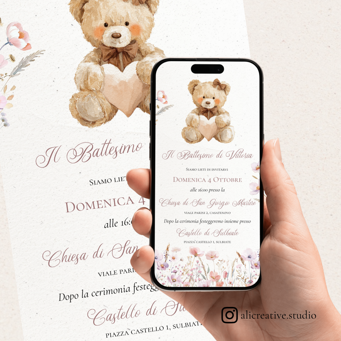 Invito Digitale Orsetto con Cuore e Fiori