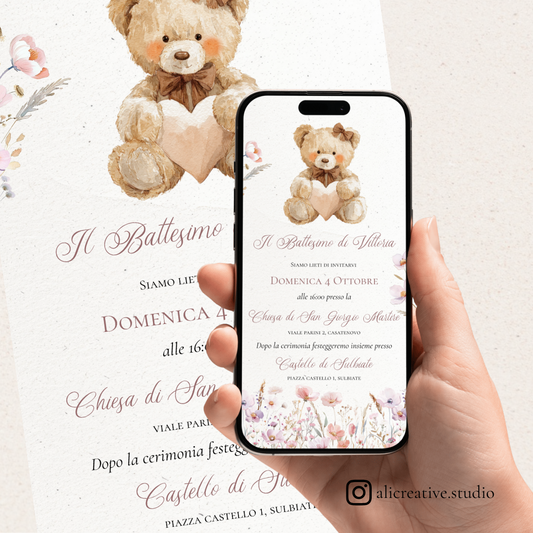Invito Digitale Orsetto con Cuore e Fiori