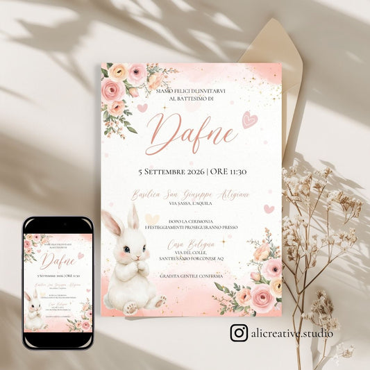 Invito Digitale Coniglietta con Fiori