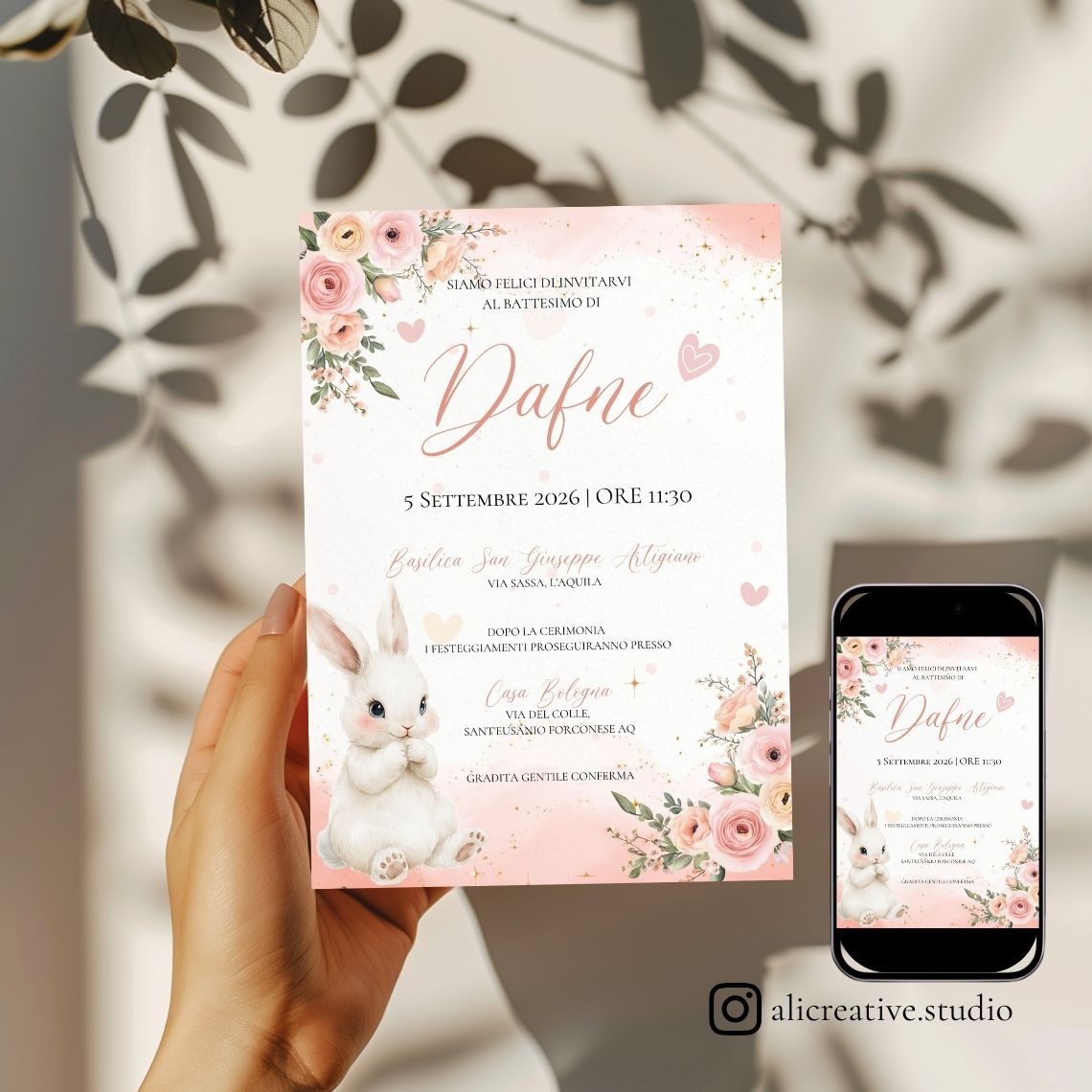 Invito Digitale Coniglietta con Fiori