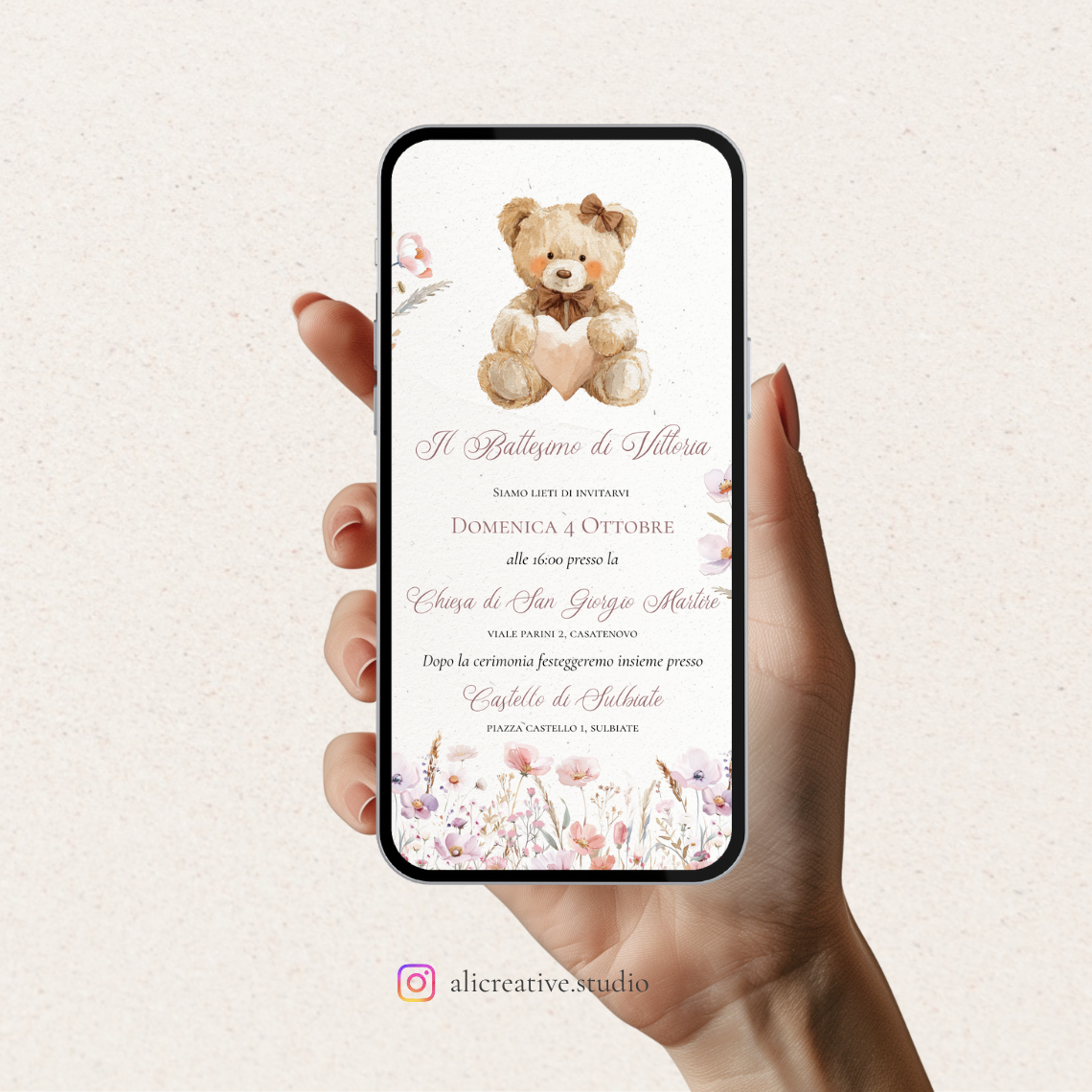Invito Digitale Orsetto con Cuore e Fiori